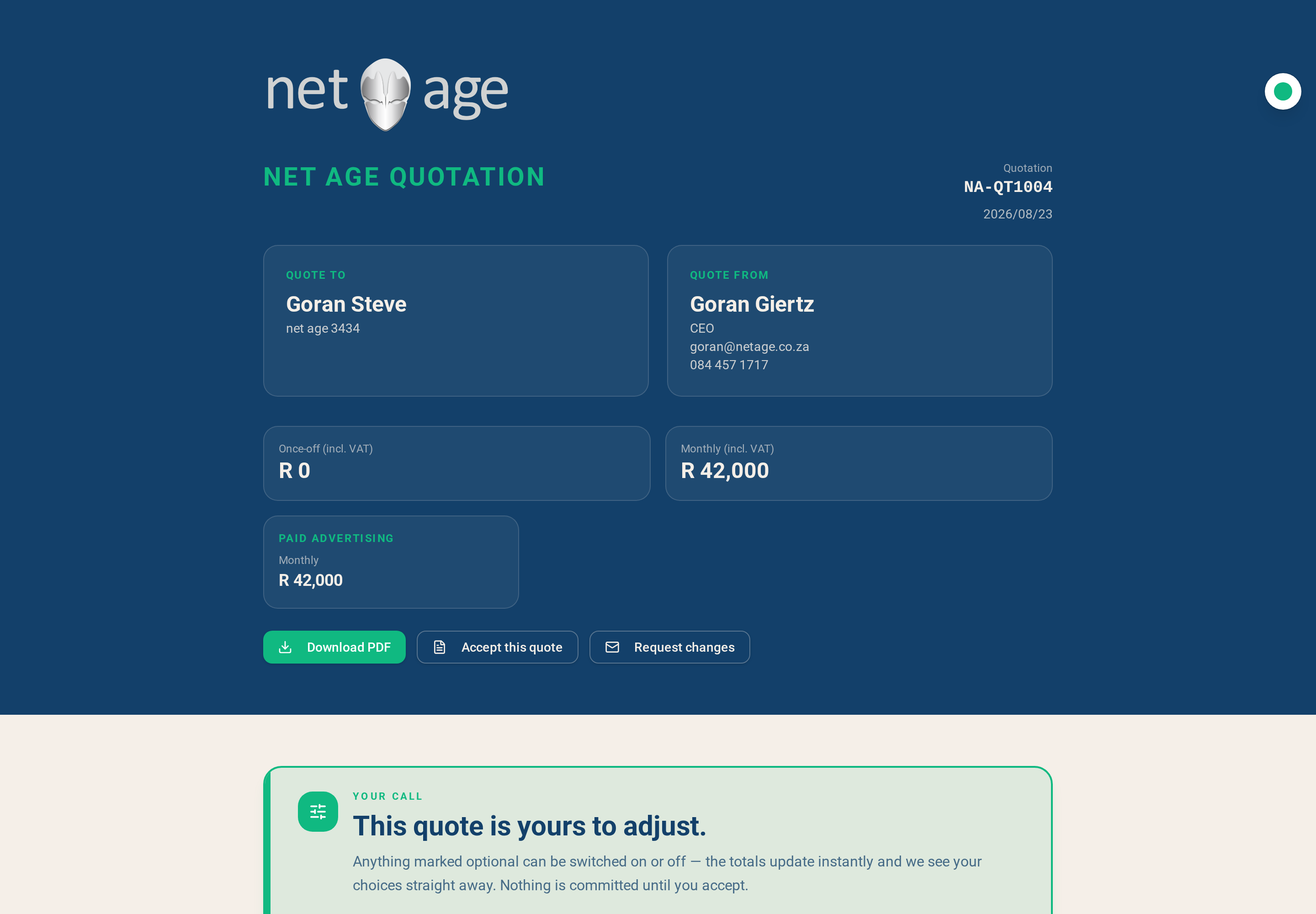 Online quotation as the client sees it, with totals and accept buttons