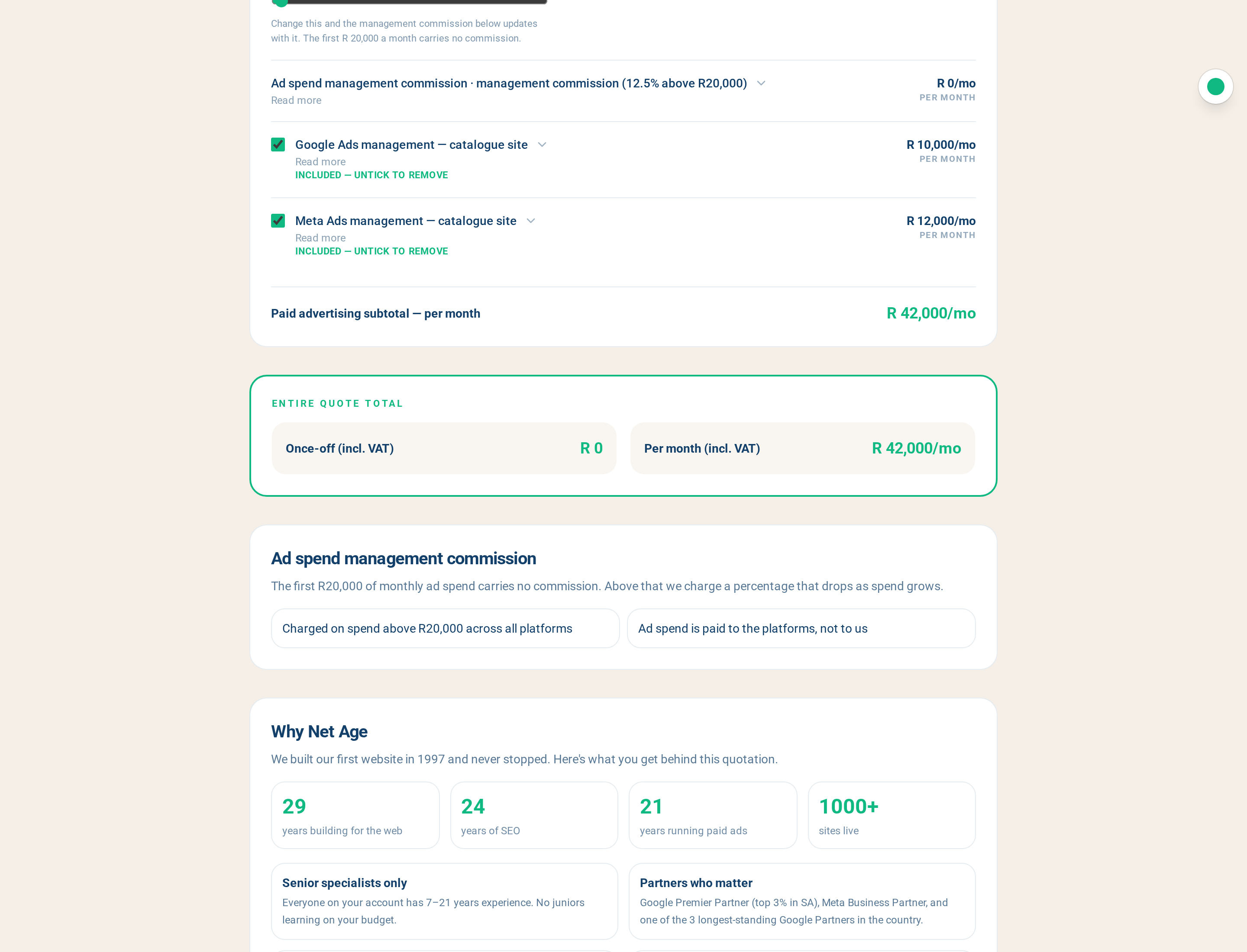 Quote line items grouped by service with optional tick boxes and subtotals