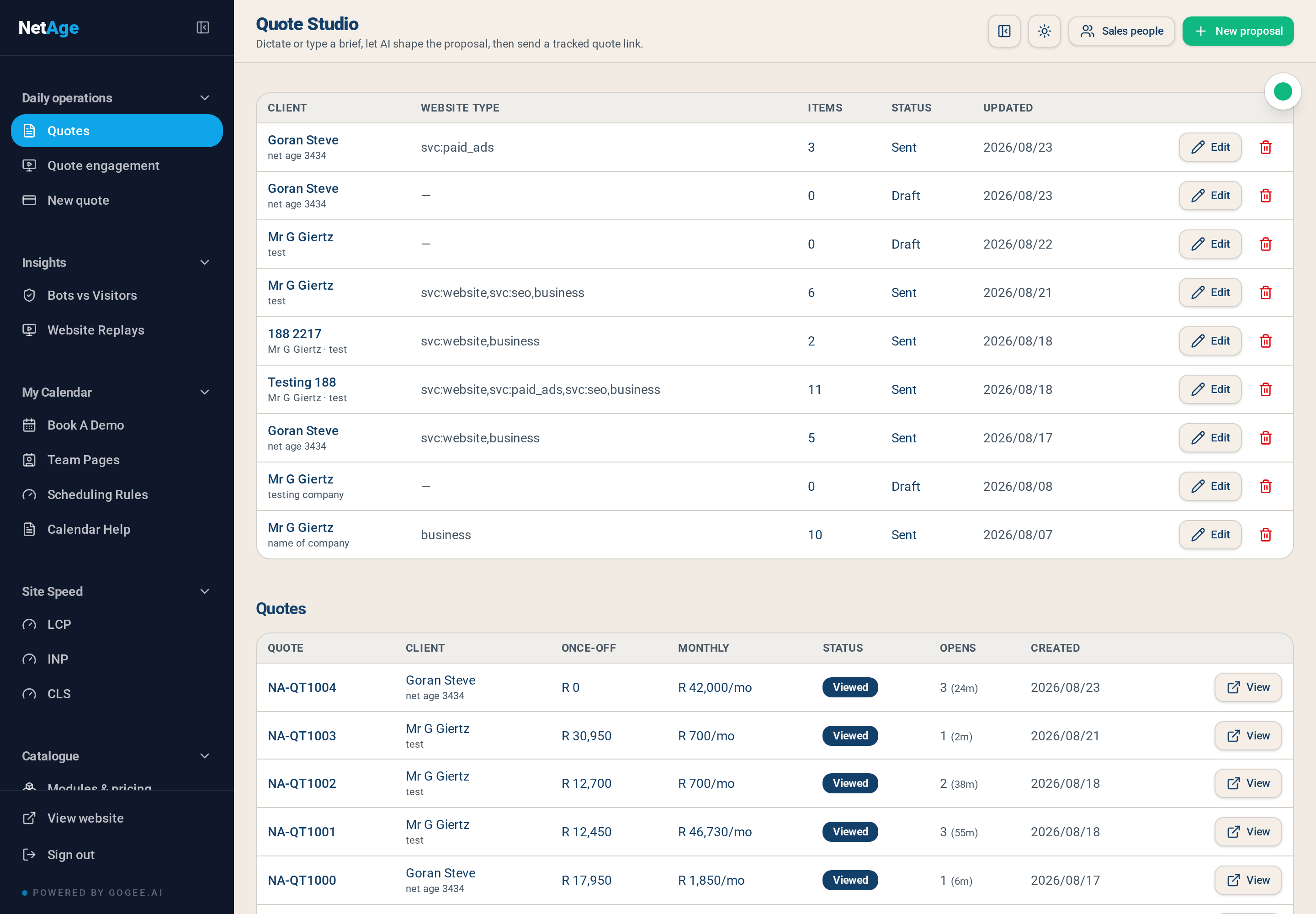 Quote Studio list of drafts and sent quotations with opens and totals