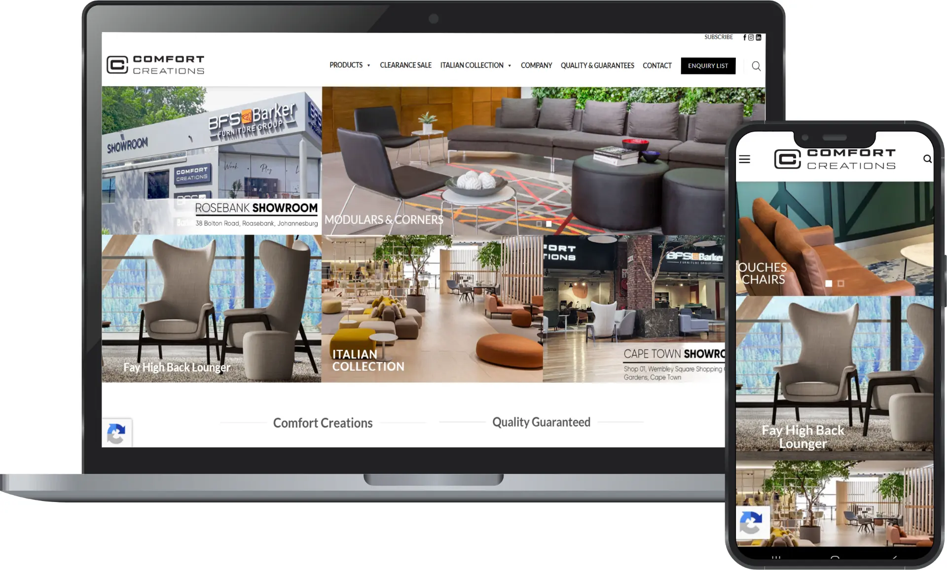 Comfort Creations desktop and mobile views