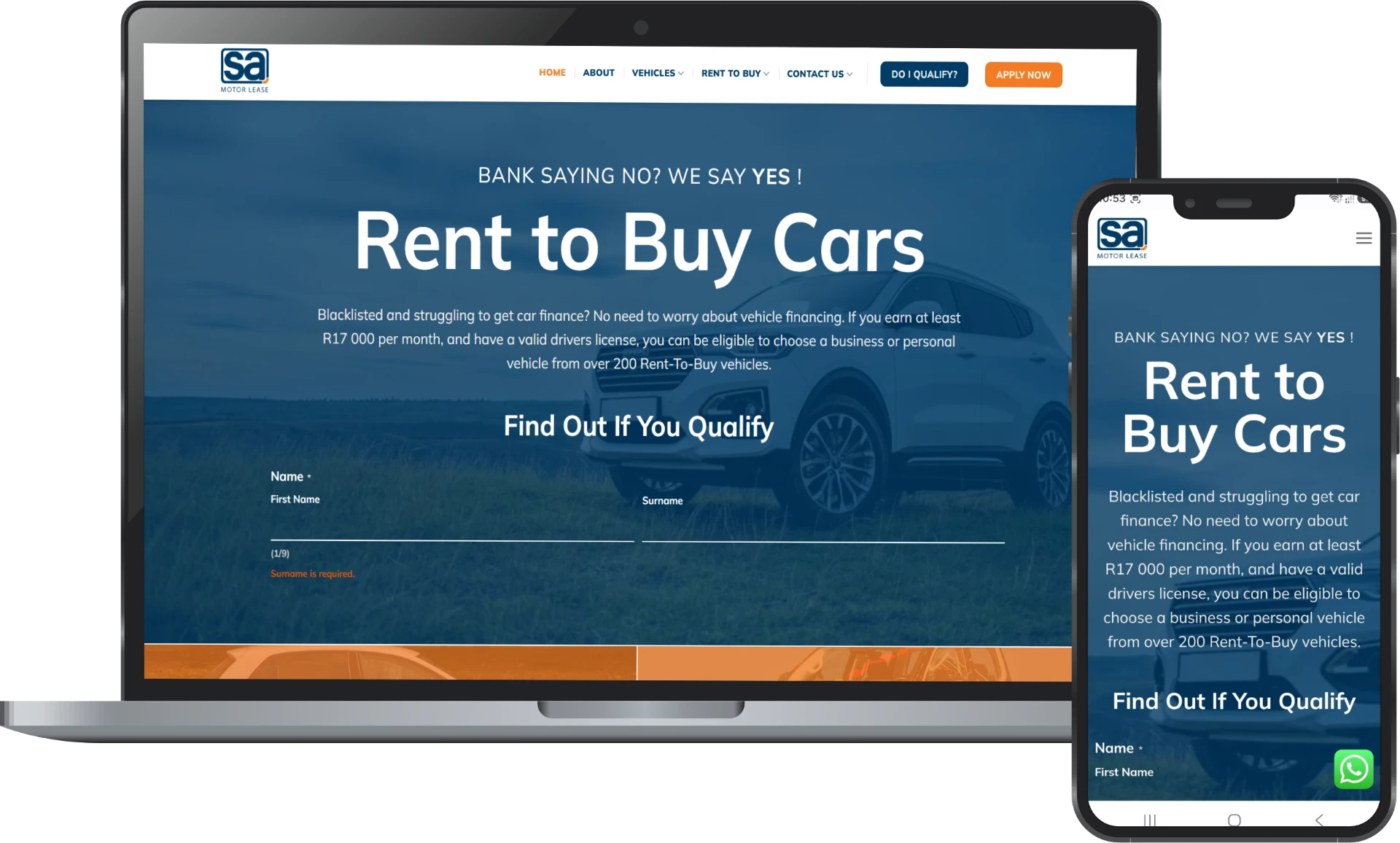 SA Motor Lease desktop and mobile views