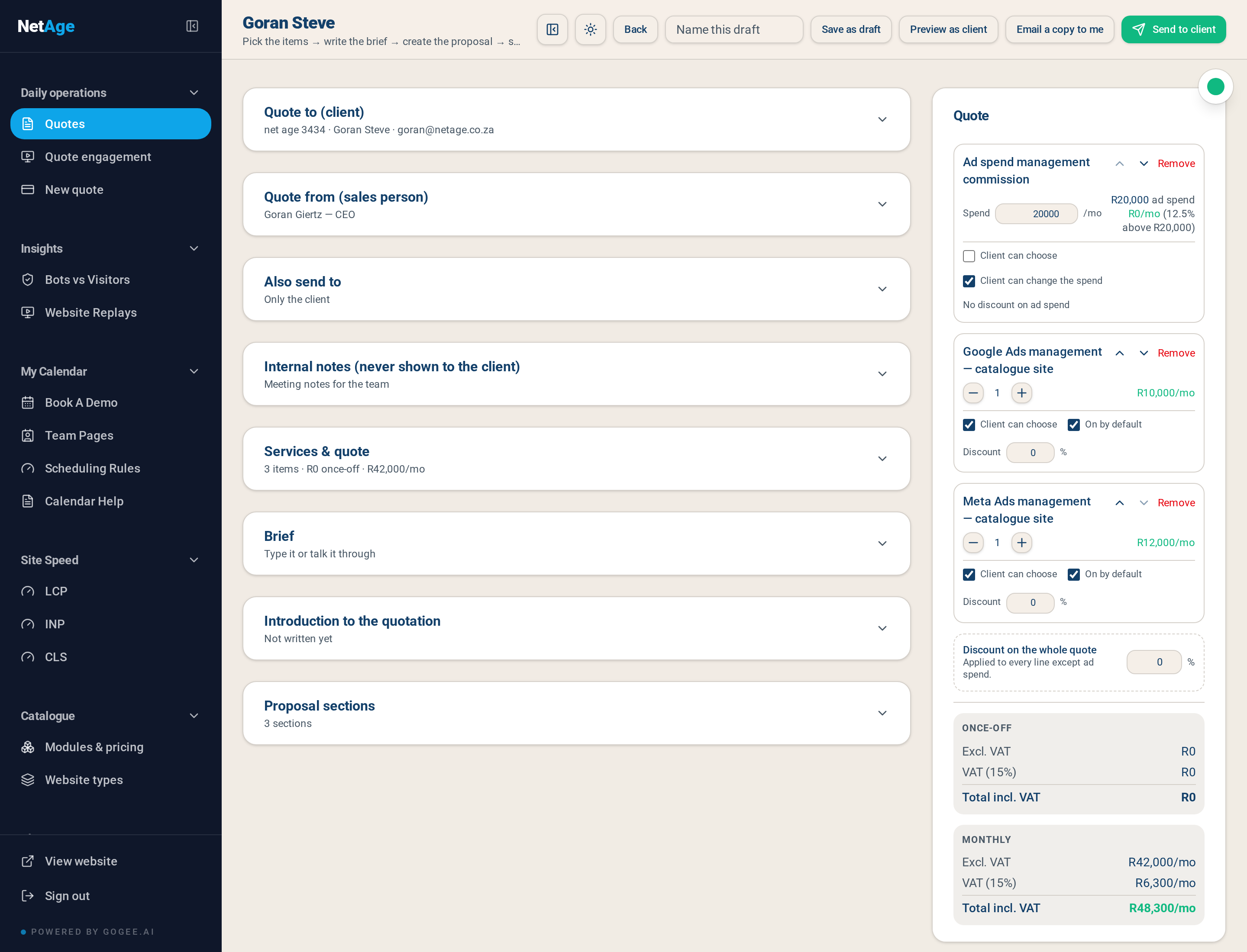 Proposal editor with quote panel, quantities, discounts and VAT totals